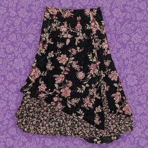 Vintage 90s Whimsigoth Flowy Chiffon Floral Asymmetrical Midi Skirt | Size M